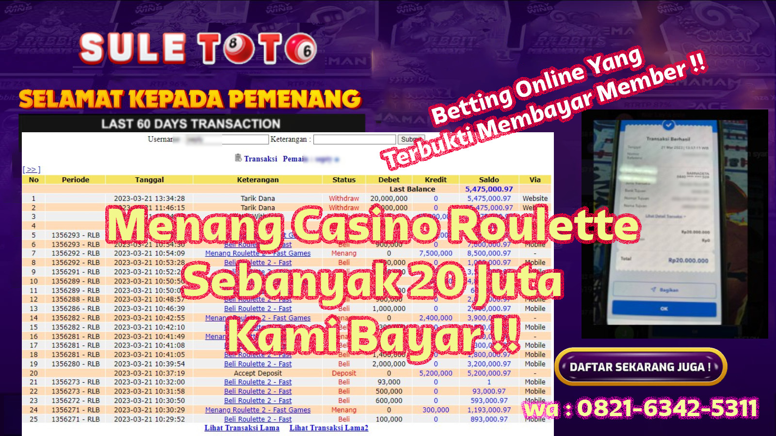 Bukti JP Live Casino - Roulette - 20 juta